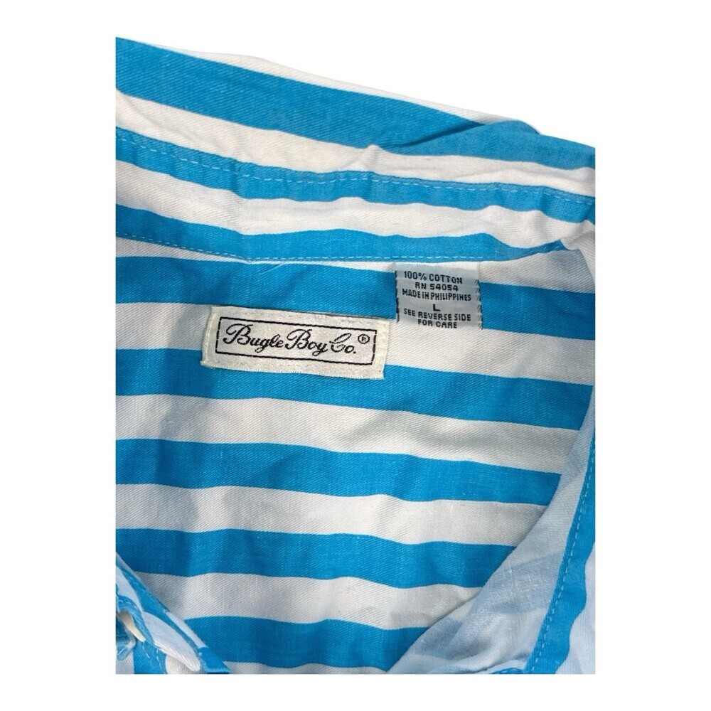 Vintage 90s Blue and White Striped Bugle Boy Men’s Short Sleeve Shirt Medium - Picture 3 of 6